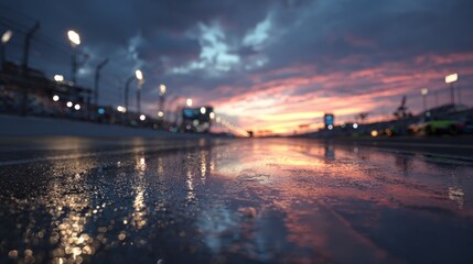 Obraz premium Racing track at sunset with reflections