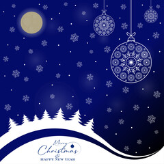 Blue chrismas card design with winter landscape, pine forest, baubles illustration. Winter holidays concept card design to use for merry christmas greetings, winter advertising, happy new year card.