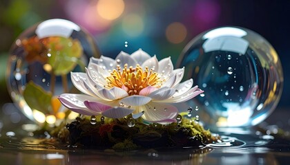 White and pink lotus flower with water droplets resting on mossy ground with two glass spheres reflecting light on a dark wet surface with bokeh background