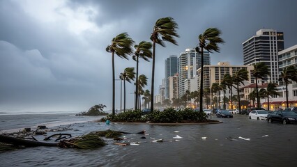 Coastal city skyline during storm surge