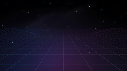 Retro SciFi Grid Landscape with Starry Sky and Futuristic Vaporwave Aesthetic Design