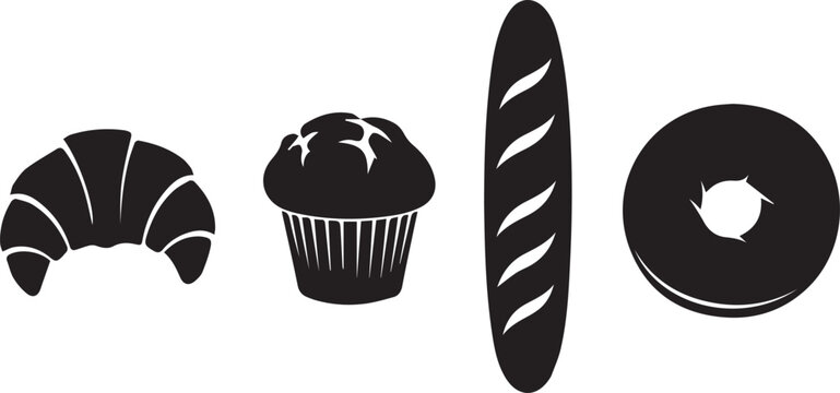 Simple black and white illustration of bakery items including a croissant muffin baguette and donut