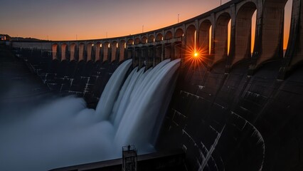 Dam structure with water flowing and sunset glow