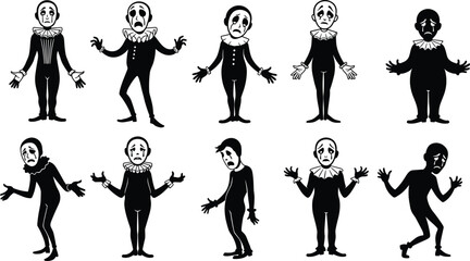 Mime Silhouettes with Expressive Gestures and White Makeup, Emotional Poses, Theatrical Character, Black Figures, Performance Art, Sadness, Confusion, Drama