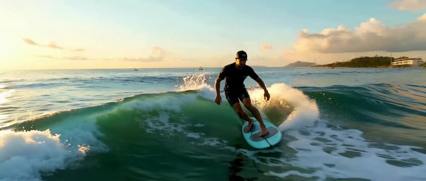 Silhouette of a man hydrofoil surfing on an ocean wave during a beautiful golden sunset.