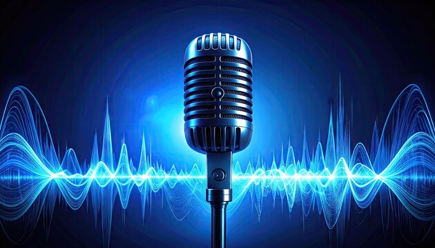 Vintage Microphone Illuminated By Blue Light With Sound Waves Graphic Overlay In A Dark Studio Setting - Powered by Adobe