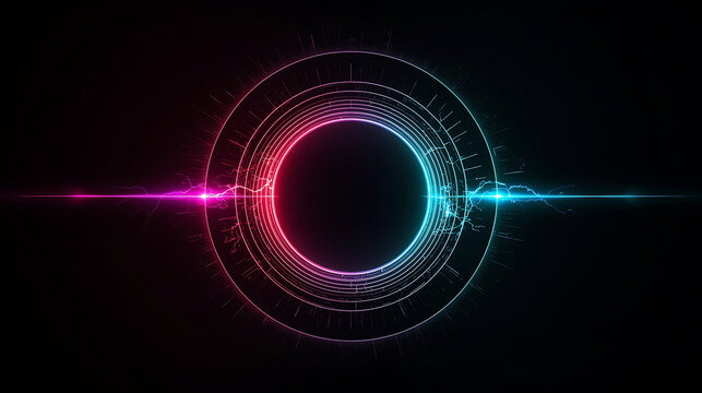 Vibrant Neon Circles with Electric Discharge on Dark Background Modern Abstract Art