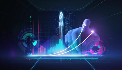 Futuristic Business Growth Concept with Digital Rising Line Graph, Rocket Launch Icon, and Businessman Touching Holographic Interface Over Night Cityscape