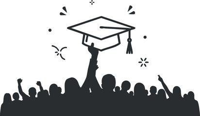 A silhouette of a cheering crowd celebrating graduation with a student holding a cap and diploma in black vector style, ideal for education events and promotions