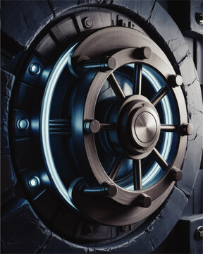 Futuristic steel bank vault door with blue neon light, secure metal wheel lock, high tech cybersecurity and financial security concept
