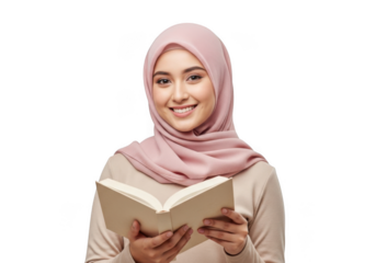Smiling young muslim woman wearing a pink hijab holding an open book isolated on transparent background