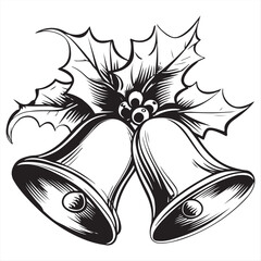 Christmas bells with holly leaves black and white illustration