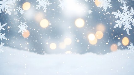 Winter snow falling with bokeh lights and snowflakes against a soft blue background.