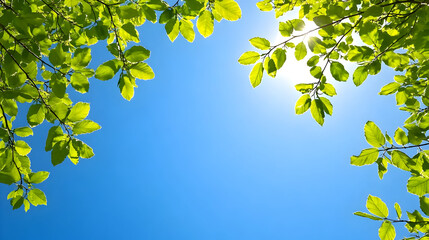 Soothing sunlight filters through lush green leaves against a clear blue sky, perfect for conveying freshness, growth, and natural beauty in your next creative project, a refreshing backdrop