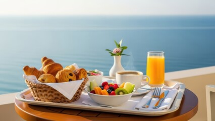 Scenic breakfast by the sea with fresh croissants and orange juice