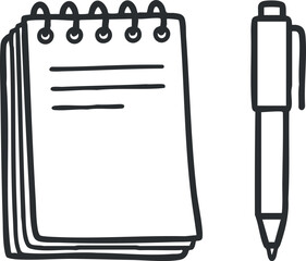 A sketch of a notepad with a pen in black and white outline vector style, ideal for educational or office designs