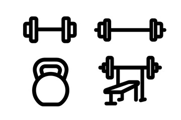 Outline icons set for gym and fitness equipment: dumbbell, barbell, kettlebell, weight bench