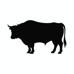 A black silhouette of a standing bull against a white background.