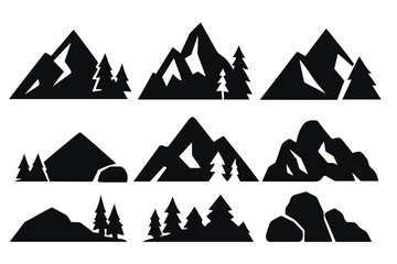 Stylized mountain range silhouettes and evergreen trees for outdoor branding