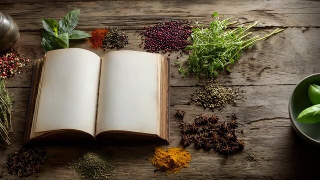 Open antique book surrounded by colorful herbs and spices on a rustic wooden table for a recipe book or culinary concept creating a warm and inviting atmosphere