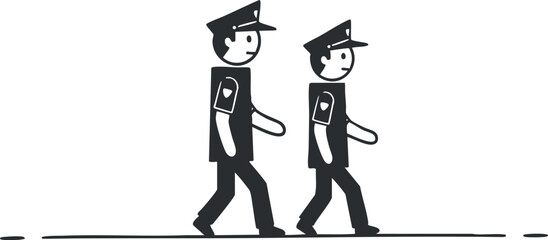 A pair of police officers walking together in minimalist black and white vector style, ideal for public safety graphics and community awareness campaigns