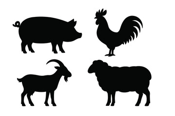 Set of black silhouettes depicting pig, rooster, goat, and sheep farm animals