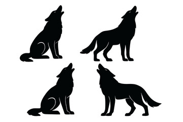 Four black wolf silhouettes howling in different poses
