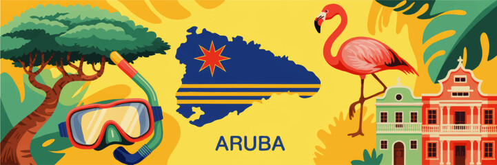 Colorful Aruba travel banner with island map, flamingo, snorkeling gear, divi divi tree and Dutch colonial buildings illustration