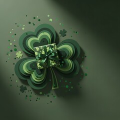 Saint patricks day gift box on layered shamrock with confetti