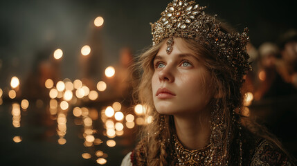 Majestic Slavic princess gazing into the distance during a traditional folk celebration by the water, adorned with intricate jewelry and surrounded by flickering lights