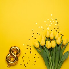 Yellow tulips and number 8 balloon with confetti on yellow background.