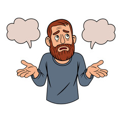 Stressed man thinking with thought bubble cartoon illustration