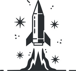 A rocket launching into space with stars and dynamic motion in black and white modern vector style, suitable for technology and exploration themes