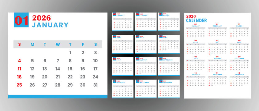 Calendar and planner 2026 year, schedule month calender, European organizer template. Week starts on Monday. Business personal page. Modern simple dairy. Vector illustration 