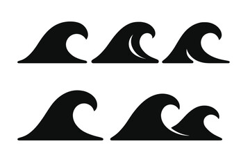 Obraz premium Set of six stylized black silhouette icons representing ocean waves and water symbols