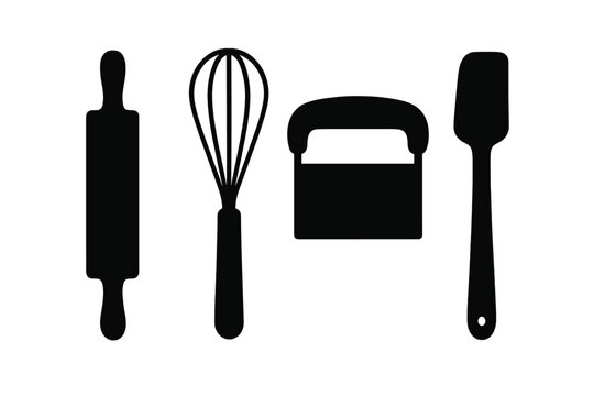Essential baking tools silhouettes including rolling pin, whisk, dough scraper, and spatula