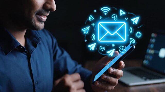 Smiling young Indian man uses a smartphone in a dark office, touching a glowing email icon 