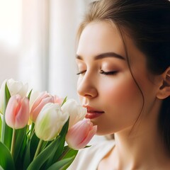 Young woman enjoying fragrance of colorful tulips near window