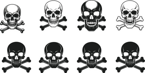 Skull and Crossbones Silhouettes in Light and Dark Styles, Pirate Symbol, Danger Icon, Facial Variations, Halloween, Contrast, Gothic, Poison, Design