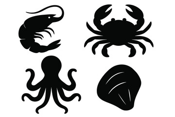 Collection of minimalist black silhouettes featuring popular marine animals and shellfish