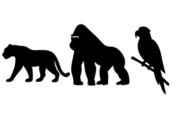 Black silhouettes of a walking big cat, a powerful gorilla, and a perched parrot