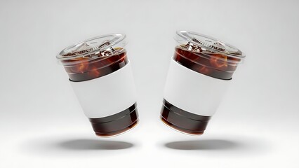 Two clear plastic cups with iced coffee for branding mockup on white background.