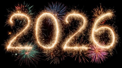 2026 sparkler numbers with colorful fireworks display celebrating new year eve festivities on black background