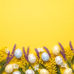 Easter eggs with flowers on yellow background, festive spring greeting