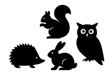 Simple black icons of squirrel, hedgehog, rabbit, and owl woodland animals