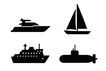 Obraz premium Black silhouette icons of water transport vessels including yacht, sailboat, passenger ship, and submarine