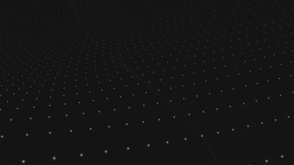 An abstract black and white dynamic wave. Streams of bright dots form smooth waves against a dark background. The radiating light creates a sense of depth and elegance. Futuristic 3D dot wave.