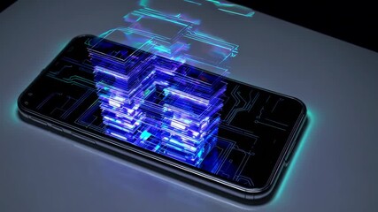 An abstract smartphone with neon digital, glowing blue and green shapes, and modern technology - Powered by Adobe