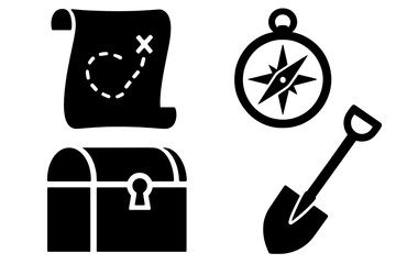 Classic pirate treasure hunt symbols featuring map chest compass and shovel