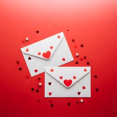 Two valentine's day envelopes decorated with red hearts on red background